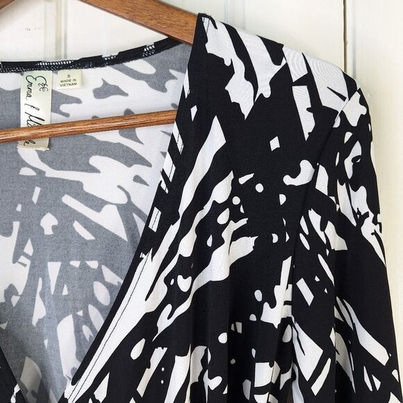 Emma & Michele Black White Art Deco Paint Splatter Rorshach Wrap Dress Sz S - Picture 4 of 14